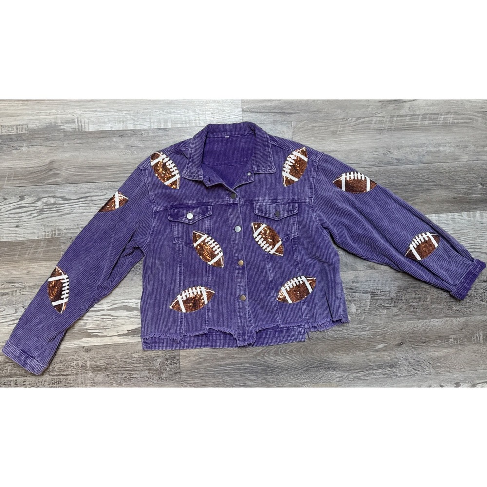 Cropped Corduroy Jacket Patched Football Sequin Shacket‎ Purple Large Distressed